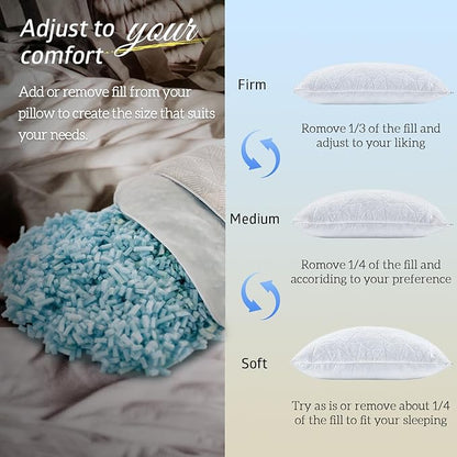 BETU Cooling Pillows Standard Size Set of 2, Shredded Memory Foam Cool Pillows for Hot Sleepers, Adjustable Firm Soft Support Bed Pillows Perfect for Back Neck Pain and Side Sleeping, White