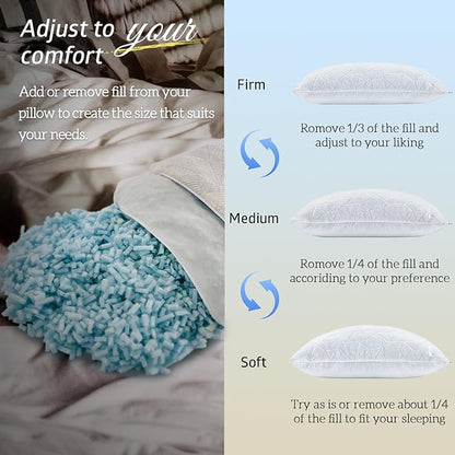 BETU Cooling King Size Pillow, Shredded Memory Foam Cool Pillow for Hot Sleepers, Adjustable Firm Soft Support Bed Pillows Perfect for Back Neck Pain and Side Sleeping with Pillows Case Cover, White