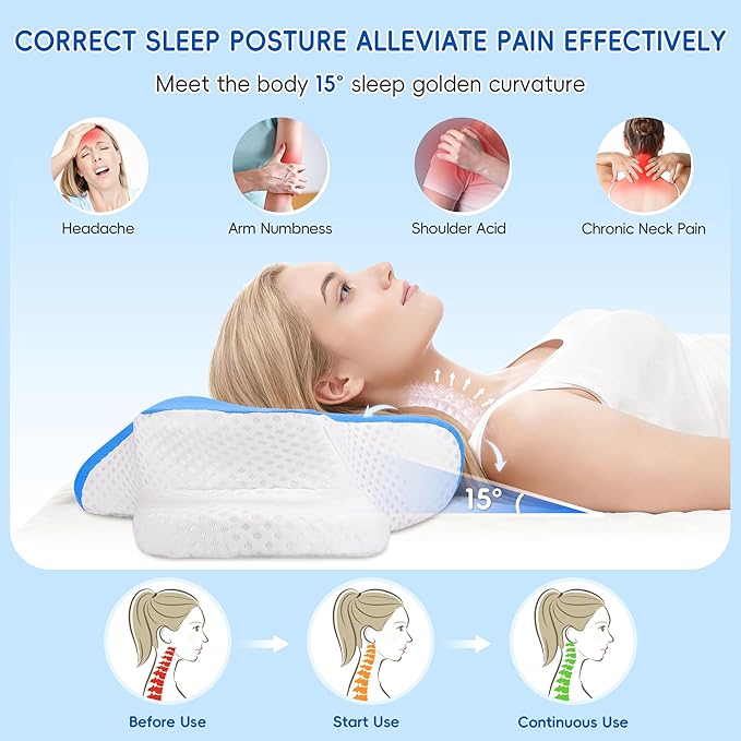 Cervical Neck Pillow for Pain Relief, Ergonomic Contour Pillow for Sleeping, 2 Heights Cooling Pillow for Neck and Shoulder Support, Memory Foam Orthopedic Pillow for Side Back Stomach Sleepers Blue