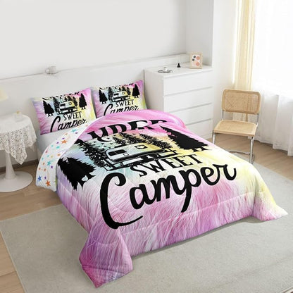 Feelyou Camper Comforter Set Kids Farmhouse Happy Camping Bedding Set Queen Women Men Pink Cow Fur Print Decor Comforter Soft Rustic Camper Van Quilt Boys