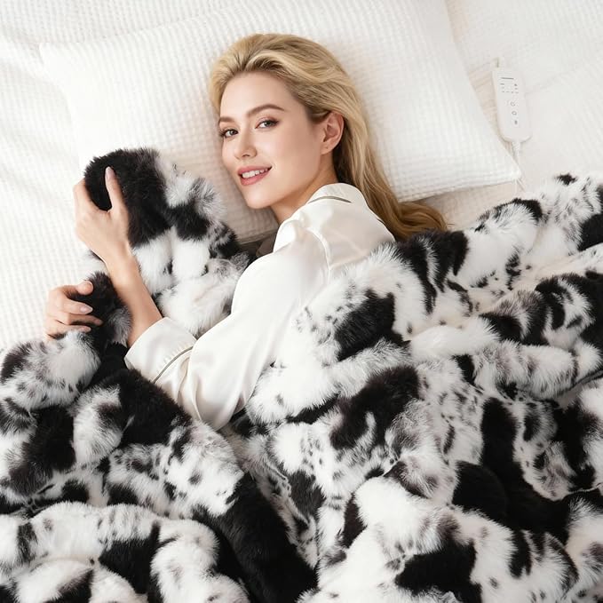 Cow Print Heating Throw Blankets Luxurious Western Soft Bubble Faux Rabbit Fur 8 Heat Settings Overheat Protection Quick Heating Electric Heated Blanket 50"x60"(Black)