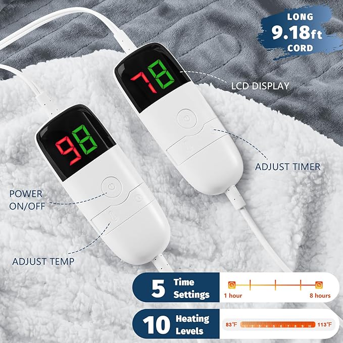 Heated Electric Blanket King Size - 90" x 100" Heating Blanket with Dual Control, 10 Heating Levels & 8 Hours Auto Off, Soft Warm Flannel Blanket, Christmas Birthday Gifts for Senior Grandma