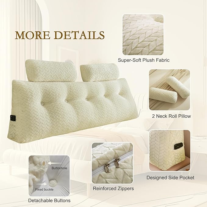 YOUR MOON Wedge Headboard Pillow King with 2 Pack Neck Roll Pillows, Triangular Wedge Backrest Pillow Headboard for Bed,Daybed,and Lounging, Large Bed Bolster Pillows,Off White