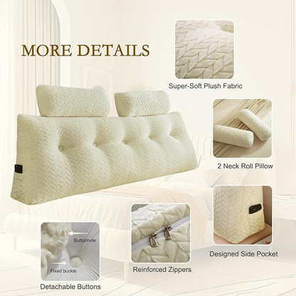 YOUR MOON Wedge Headboard Pillow King with 2 Pack Neck Roll Pillows, Triangular Wedge Backrest Pillow Headboard for Bed,Daybed,and Lounging, Large Bed Bolster Pillows,Off White