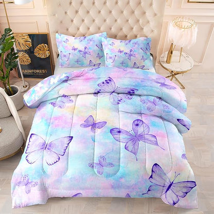 CVHOUSE Butterfly Reversible Comforter Set,Rainbow Butterfly Bedding Set for Girls Kids Teens,Tie Dye Butterflies Comforter Butterflies Duvet Set Room Decor Quilt Set Queen Size