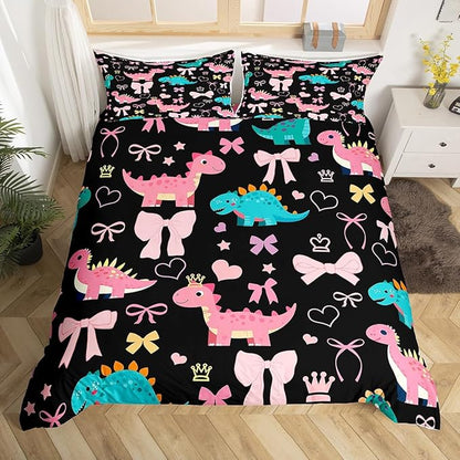 Cute Dino Duvet Cover Queen Size,Kawaii Bowknot Heart Princess Style Polyester Reversible Bedding Set (Not Comforter),Pink Black Dinosaur Cartoon Animal Comforter Cover for Bedroom, Zipper, Ties