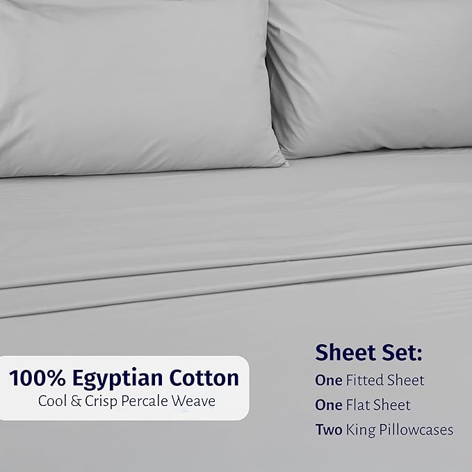 California Design Den Certified 100% Egyptian Cotton Sheets Cal King Size Set - Percale Sheet Set with Deep Pockets, Lightweight, Crisp, Durable Luxury Bedding - Light Grey