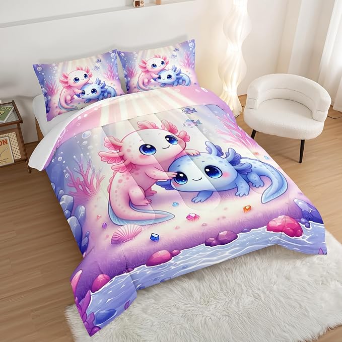 Cute Axolotl Bedding Set Queen Size,Color Underwater World Pattern Toddler Bed Comforter Set,Kawaii Ocean Life Bedding Sets for Kids Girls Room Decor with 2 Pillowcases.