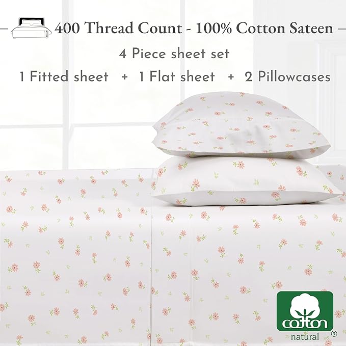 California Design Den Queen Sheet Set - 400 Thread Count Sateen, Natural 100% Cotton Sheets, Deep Pocket and Durable Bedding - Soft Floral