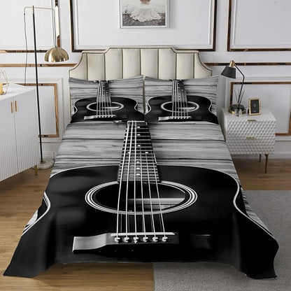 Erosebridal Guitar Bedding Set Music Bedspread, Vintage Guitar on Wooden Floor Design Quilt for Kids Adult, Bedroom Decor (1 Bedspread and 2 Pillowcases) King, Soft Bedclothes, Black Grey