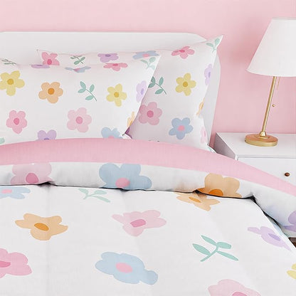 SANDJEST Floral Comforter Set Twin Size 68x86in for Kids Girls, Microfiber 3 Pcs Bedding Set Includes 1 Comforter, 1 Pillowcase, 1 Fitted Sheet, Nursery Room Decor