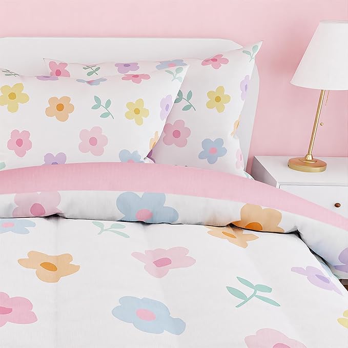 SANDJEST Floral Comforter Set Full Size 98x86in for Kids Girls, Microfiber 4 Pieces Bedding Set Includes 1 Comforter, 2 Pillowcases, 1 Fitted Sheet, Nursery Room Decor