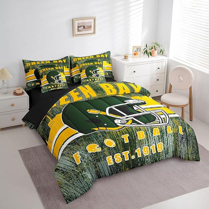 Erosebridal Football Gamed Bedding Set for Boys Girls Youth Sports Room Decor, Football City Themed Comforter Sets with Sheets Army Green Yellow Seasonal Color Bed in A Bag King 7 Pieces