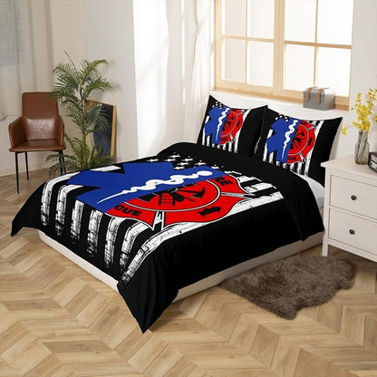 Firefighter EMT Badge Duvet Cover Set King Size,Practitioner Fireman Themed Comforter Cover with 2 Pillowcases,Stars Stripes American Flag Modern Bedding Set for Adult Young Bedroom Xmas Gift
