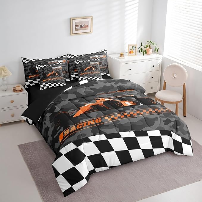 Feelyou Orange Racing Car 7 Piece Bedding Set King Size Kids Boys Cartoon Race Car Comforter Set with Sheets for Teens Toddler Extreme Sports Bed in a Bag Camouflage Bed Set