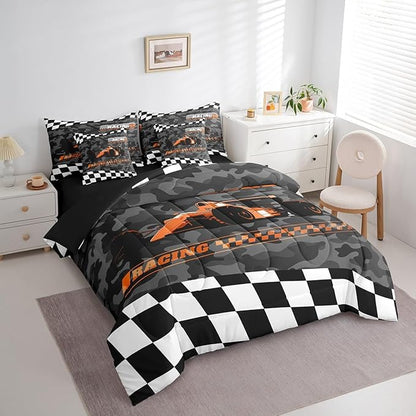 Feelyou Orange Racing Car 7 Piece Bedding Set King Size Kids Boys Cartoon Race Car Comforter Set with Sheets for Teens Toddler Extreme Sports Bed in a Bag Camouflage Bed Set