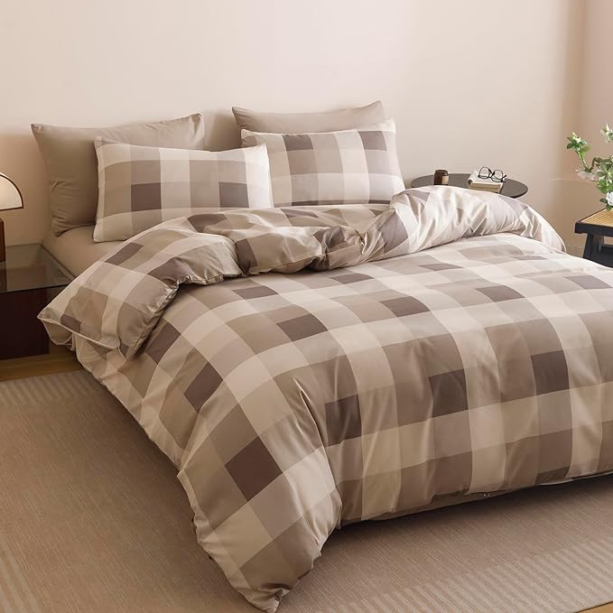 Wellboo Beige Plaid Comforter Sets King Size Light Brown and Taupe Checkered Bedding Comforters Modern Khaki Grid Quilt Blankets Women Men Beige Checkerboard Bedding Soft Luxurious Geometric Bed