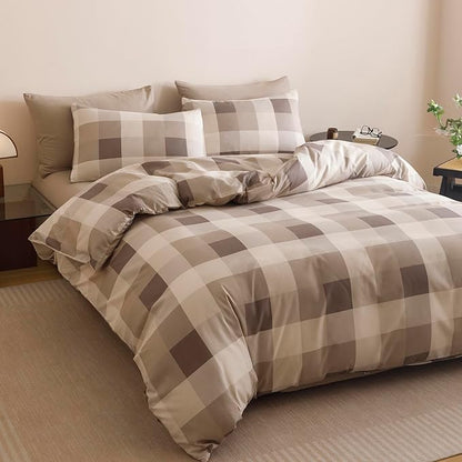 Wellboo Beige Plaid Comforter Sets Full Size Light Brown and Taupe Checkered Bedding Comforters Modern Khaki Grid Quilt Blankets Women Men Beige Checkerboard Bedding Soft Luxurious Geometric Bed