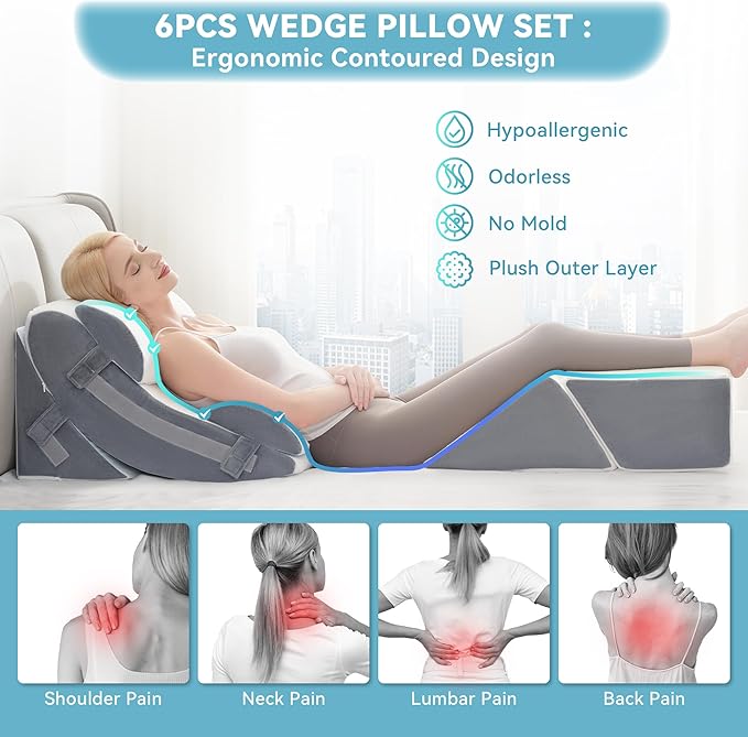Kingfun 6pcs Orthopedic Bed Wedge Pillow Set for Sleeping, Memory Foam for Sleeping,Breathable Triangle Pillow Wedge, Post Surgery Memory Foam for Back, Leg Pain Relief, Sitting