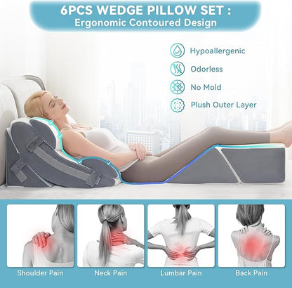 Kingfun 6pcs Orthopedic Bed Wedge Pillow Set for Sleeping, Memory Foam for Sleeping,Breathable Triangle Pillow Wedge, Post Surgery Memory Foam for Back, Leg Pain Relief, Sitting