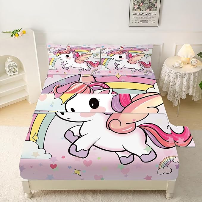 Pink Unicorn Sheet Set: Rainbow Unicorn Bedding Twin Size for Kids Girls Teens Bedroom Bed - 1 Flat Sheet, 1 Fitted Sheet, 1 Pillowcase