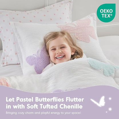 Intelligent Design Kids Rio Twin Duvet Set – Girls’ Reversible Tufted Chenille Bedding with Pastel Purple Butterflies and Pink Dot, 2pcs