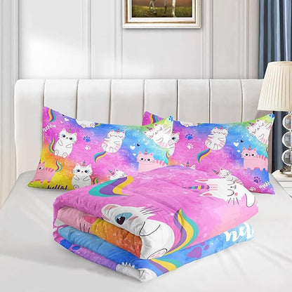 Axolotl Cat Bedding Full Cartoon Comforter Set, Rainbow Printed Kids & Adults Bedding Set, All Season, 1 Quilt 2 Pillow Cases, Colorful Pink Blue
