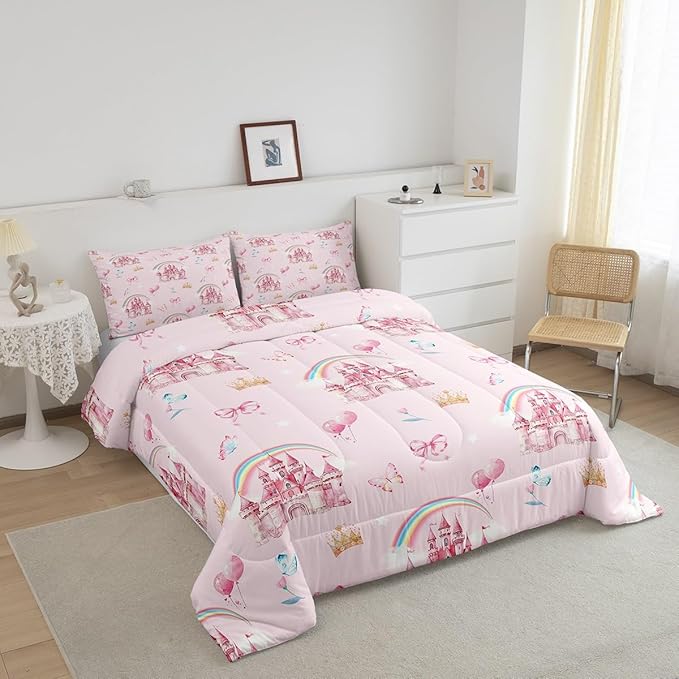 jejeloiu Pink Castle Bedding Set Twin Size Cute Rainbow Comforter Set for Kids Adult Boys Girls Butterfly Crown Duvet Set Balloon Quilt Set 2Pcs