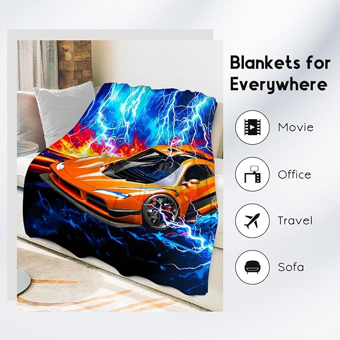 Blanket for Boys, Racing Car Blankets for Kids, Toddler Throw Gifts with Lightning, Flannel Throw for Car Lovers, 60"x80"