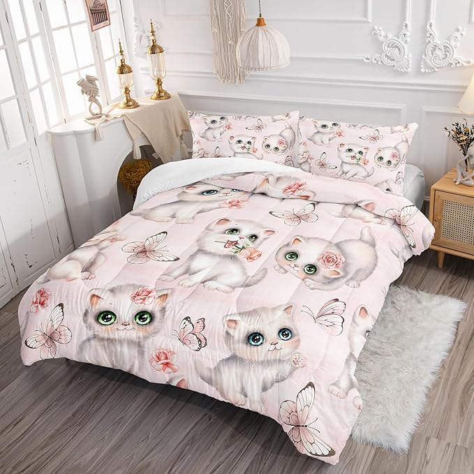 Kids Bedding Queen Cartoon Cat Comforter 3 Pieces Pink White Cat Butterflies Comforter Set for Teens Kids Boys Girls Adults Kawaii Flower Quilt with 1 Comforter and 2 Pillowcases