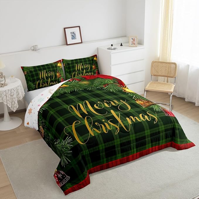 Red Blue Merry Christmas Comforter Set for Kids Boys Girls,Christmas Balls Bedding Set,Vintage Xmas Grid Lattice Duvet Insert Twin,Happy Holiday Down Comforter with 1 Pillowcase Bedroom Decor