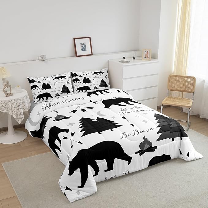 Camping Adventure Bear Bedding Set Queen Size,Hunt Animals Comforter Set for Kids Boys Men Adult Cabin Room Decor,Cartoon Pine Campfire Arrow Star Moon Quilt Set Black White Duvet Insert 3Pcs
