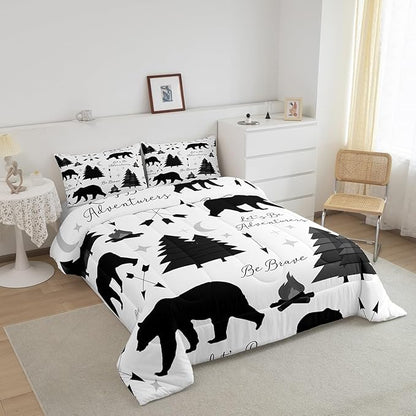 Camping Adventure Bear Comforter Set Full Size,Hunt Animals Bedding Set for Kids Boys Men Adult Cabin Room Decor,Cartoon Pine Campfire Arrow Star Moon Quilt Set Black White Duvet Insert 3Pcs