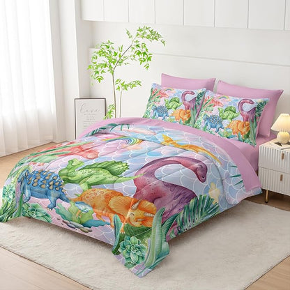 Pastel Dinosaur Comforter Set (7 Piece) - Mermaid Scale Kids Bedding, Pink Blue Purple Dinosaur Quilt Set for Boys Girls, All Season Microfiber Bed Set with Shams, Flat/Fitted Sheet (Twin)