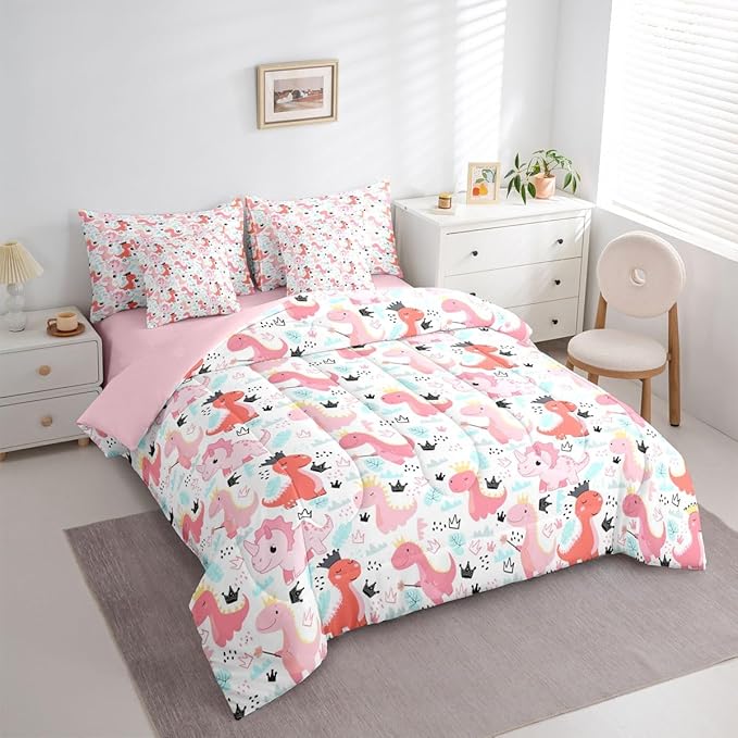 Feelyou Pink Dinosaur 7 Piece Bedding Set Cute Dinosaur Comforter Set with Sheets for Kids Boys Girls Crown Print Bed in a Bag Kawaii Animal Bed Set Soft Lightweight