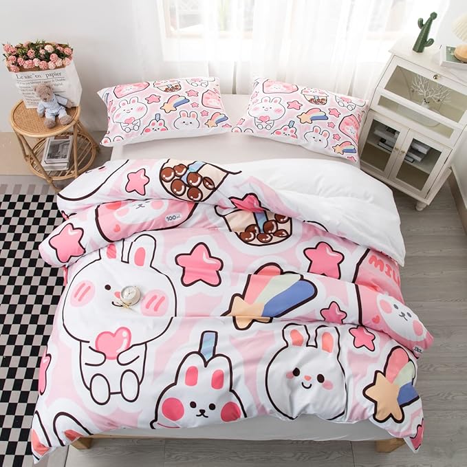 CVHOUSE Kawaii Bedding Set Queen Size,Cute Rabbit Bed for Girls Kids Teens,Pink Comforter Cover Soft,Kawaii Duvet Set,Girls Room Decor Quilt Queen 89'x89'