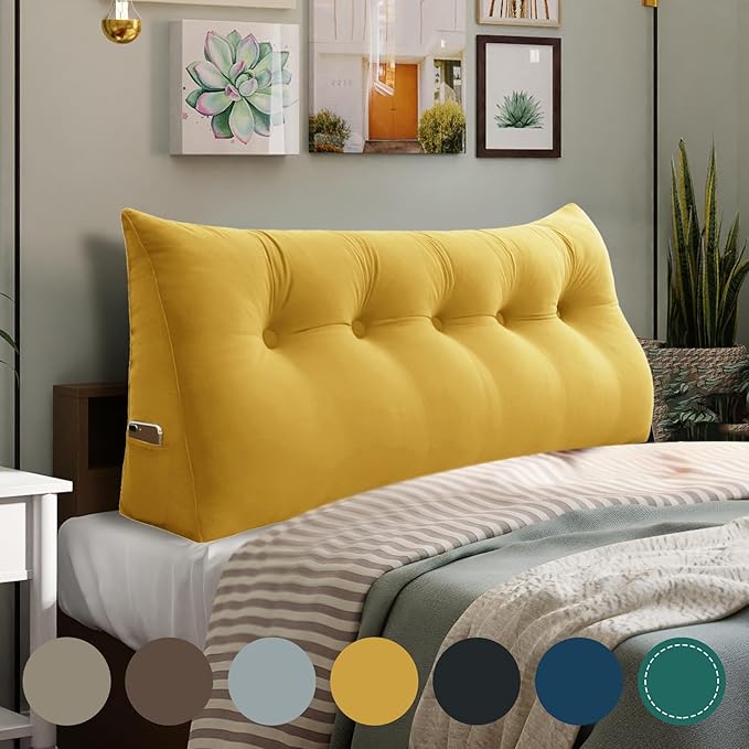 WOWMAX 100% Cotton Velvet Headboard Pillow – Queen Size Wedge Back Support Reading Bolster for Bed & Daybed, Handmade Firm Support Cushion with Removable Cover, Soft Luxury Bed Rest Pillow, Yellow
