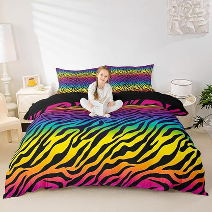 Rainbow Zebra Print Kids Duvet Cover Set Queen Size, African Wildlife Animal Style Stripes Zebra Pattern Bedding Set for Xmas Bedroom Decor, Natural Comforter Cover with 2 Pillowcases (No Comforter)