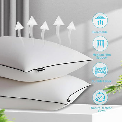 Feather Down Pillow Queen Size Set of 2, 100% Cotton Luxury Hotel Collection Bed Pillows for Sleeping, Down Surrounded Fluffy Soft Medium Firm Pillows for Side Back Stomach Sleepers 20" x 30"