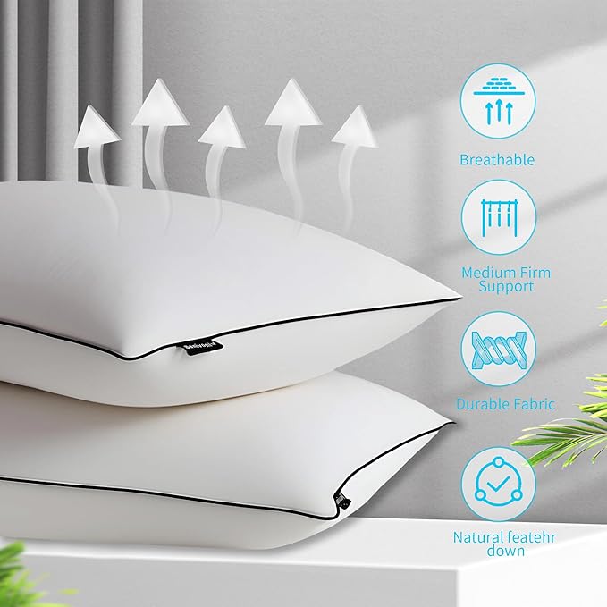 Feather Down Pillow Standard Size Set of 2, 100% Cotton Luxury Hotel Collection Bed Pillows for Sleeping, Down Surrounded Fluffy Soft Medium Firm Pillows for Side Back Stomach Sleepers 20" x 26"