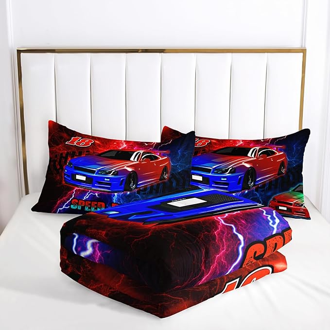 AILONEN Cool Racing Car Comforter Set Twin Size, Sports Car Bedding Sets for Kids Boys Teens,Extreme Speed Race Bed in a Bag,Lightning Racing Duvet Set,1 Quilt and 2 Pillowcases,3 Pieces