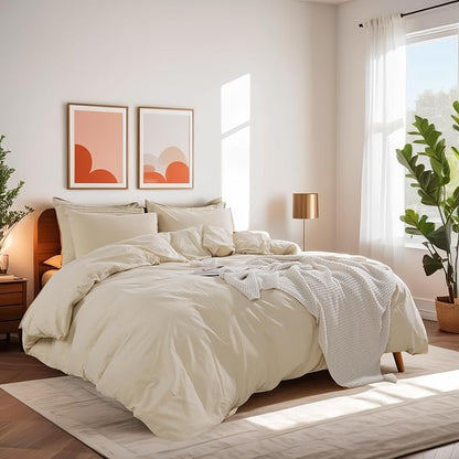 NEXHOME PRO Cotton Duvet Cover Oversized Queen 92"x98" Linen Look Textured Organic Natural 100% Washed Cotton Duvet Cover 3 Pieces Bedding Set Zipper Closure, Breathable (No Comforter)