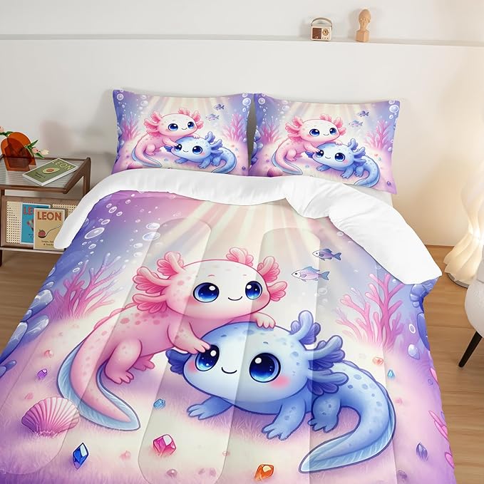 Cute Axolotl Bedding Set King Size,Color Underwater World Pattern Toddler Bed Comforter Set,Kawaii Ocean Life Bedding Sets for Kids Girls Room Decor with 2 Pillowcases.