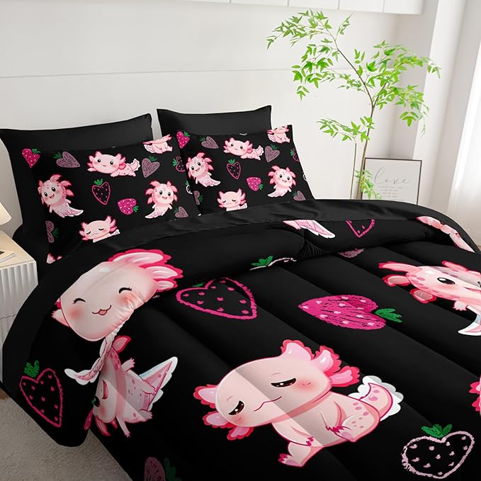 Cute Axolotl Comforter Set,Bed in a Bag Queen Size 7 Pieces,Marine Life Themed Bed Set for Kids Girls Toddler,7Pcs Bedding Set with Comforter,Fitted Sheet,Flat Sheet,Pillowcases.