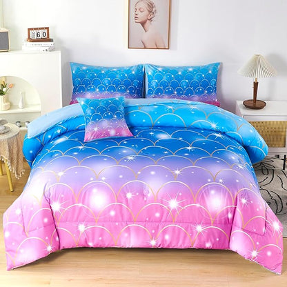 URBONUR Mermaid Comforter Set Full Size 6 Pieces Bed in a Bag Pink Blue Girls Bedding Colorful Bedroom Decor Soft All Season Kids Bed Sets