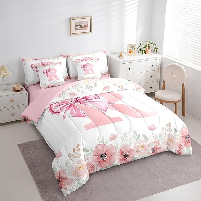 Erosebridal Bowknot Twin Bedding Sets for Girls,Initial Letter R Bed in A Bag for Kids Teen Women, Pink Floral Monogrammed Bed Set Bedroom Decor Dreamy Princess Bow Comforter Set with Sheets