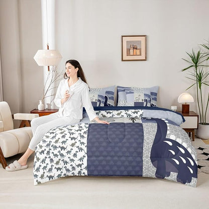 Feelyou Cute Dinosaur 7 Piece Bedding Set Dark Blue Dinosaur Comforter Set with Sheets Twin Size for Kids Boys Girls Geometric Pattern Bed in a Bag Animal Theme Bed Set Soft Lightweight