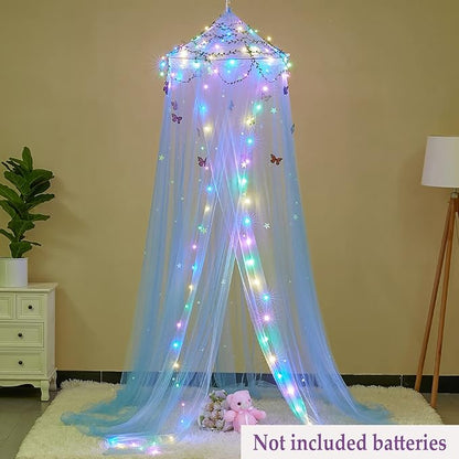 FIOBEE Bed Canopy for Girls Room Bed Canopy Curtains with Led Lights Mosquito Net DIY Princess Room Décor with Stars Butterflies for Kids Bedroom, Blue