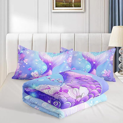 Pretty Mermaid Comforter King for Girls Kids, Mermaid Fish Scale Floral Pattern Bedding for Girls Bedroom Decor, Ocean Themed Comforter Bedding Set with 2 Pillowcases
