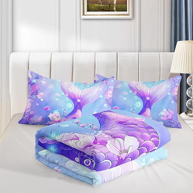 Pretty Mermaid Comforter Full for Girls Kids, Mermaid Fish Scale Floral Pattern Bedding for Girls Bedroom Decor, Ocean Themed Comforter Bedding Set with 2 Pillowcases